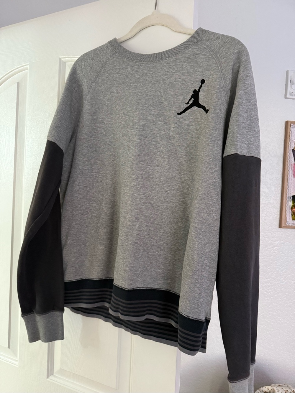 Jordan Men's Grey Sweatshirt with Black Sleeves and Jumpman Logo